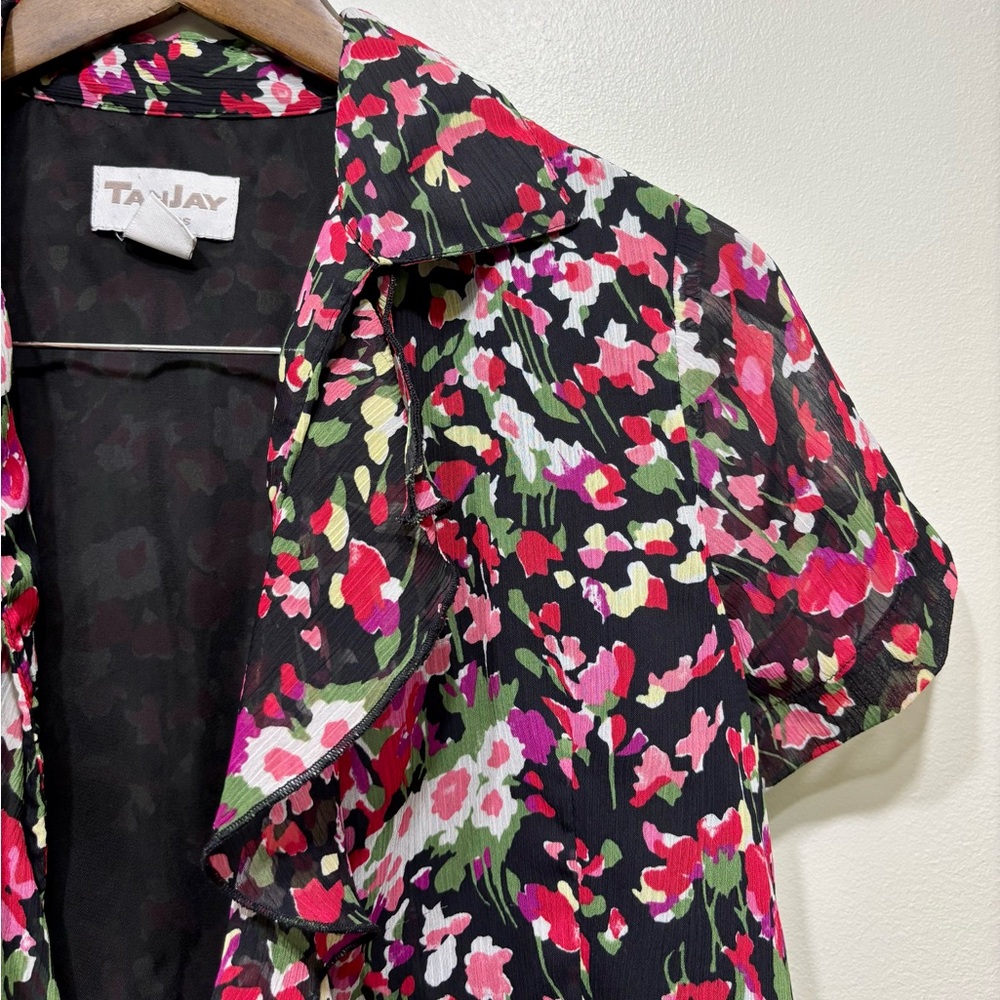 TanJay Petites Floral Ruffle Open Front Short Sleeve Cardigan Blouse Top 6P - Picture 4 of 8